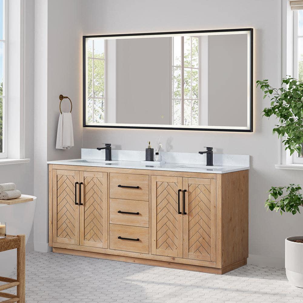 Anais 72" Wood Vanity in Light Brown with White Composite Stone Top with Mirror