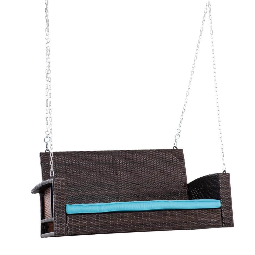 Outsunny 2-Person Wicker Hanging Porch Swing Bench, Front Porch Swing Outdoor Chair, Cushions 550lbs Weight Capacity for Backyard, Garden, Sky Blue