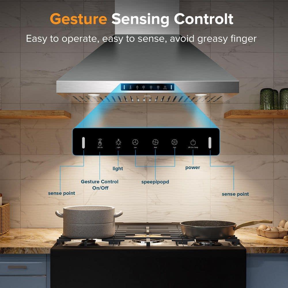 36" 900 CFM Convertible Wall Mount Range Hood with LED Lights & Hands-Free Control