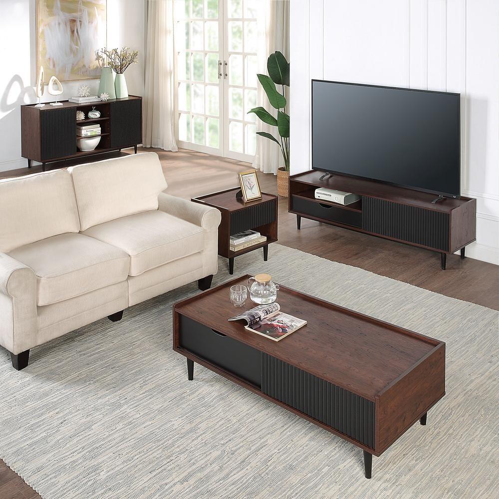 Manhattan Comfort Duane Ribbed Coffee Table with Drawer and Shelf Dark Brown/Black: Rectangular, MDF, Living Room Furniture