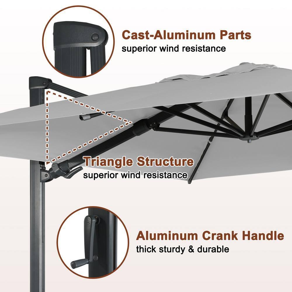 10ft Square Solar LED Cantilever Patio Umbrella with Bluetooth Light for Outdoor Shade Grey with base B