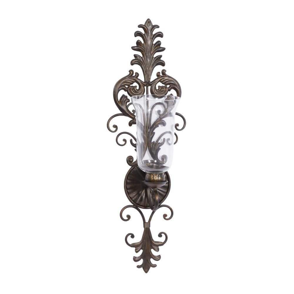 DecMode Bronze Glass Wall Sconce with Scroll Designs