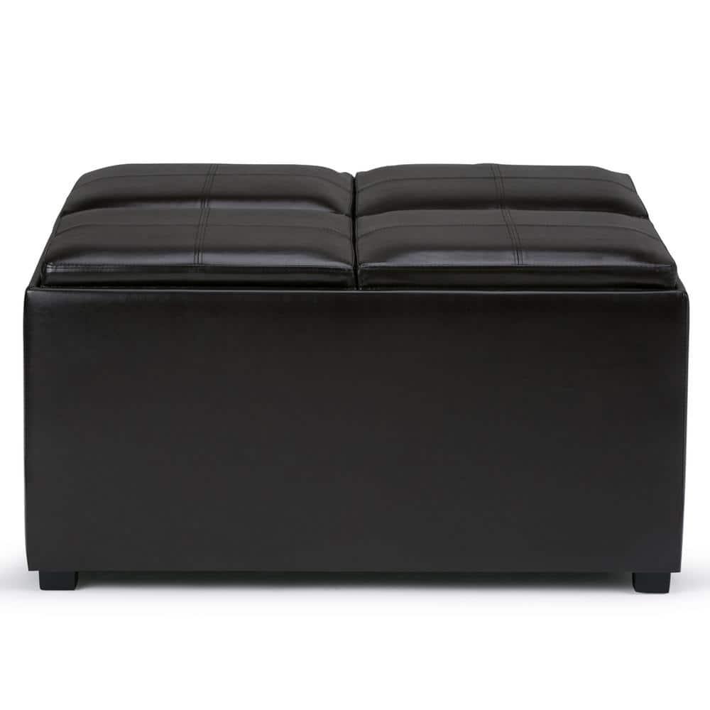 Simpli Home Avalon Faux Leather Coffee Table Storage Ottoman in Tanners Brown