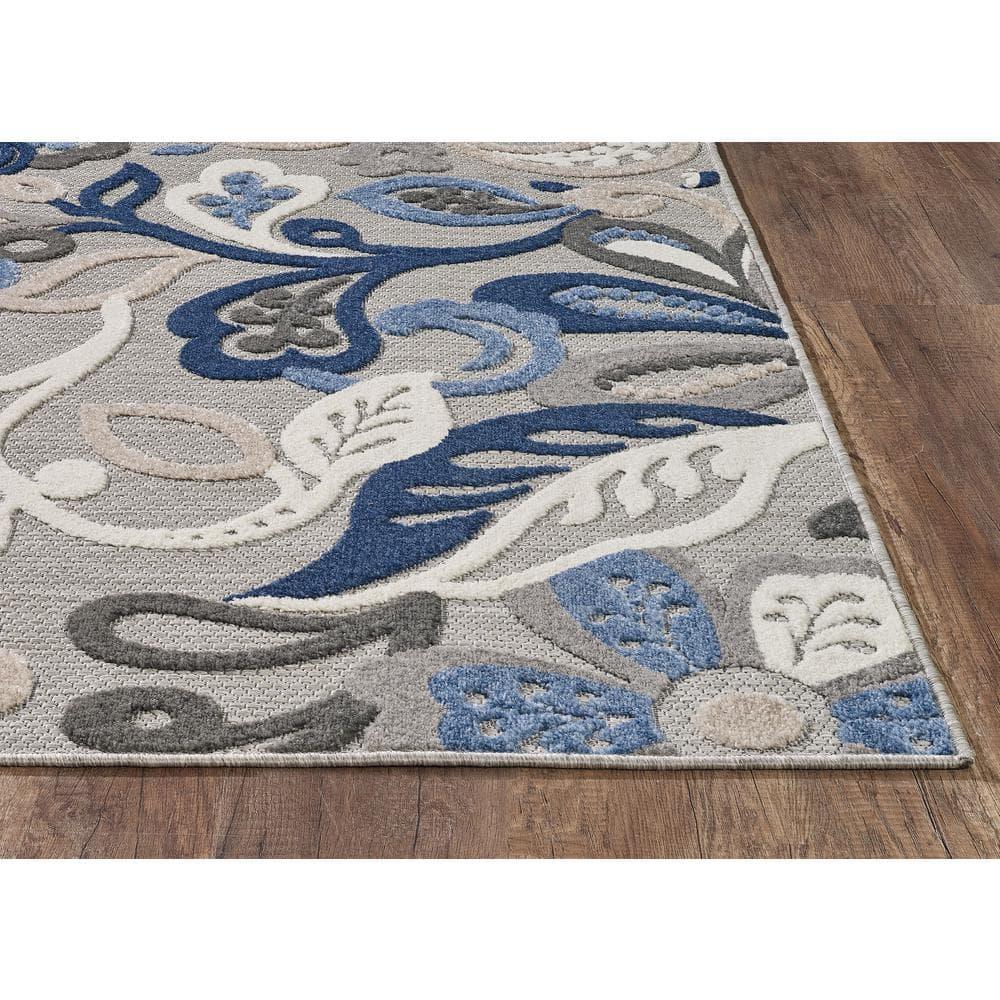 Medium Blue and Gray Synthetic Stain-Resistant Rectangular Rug