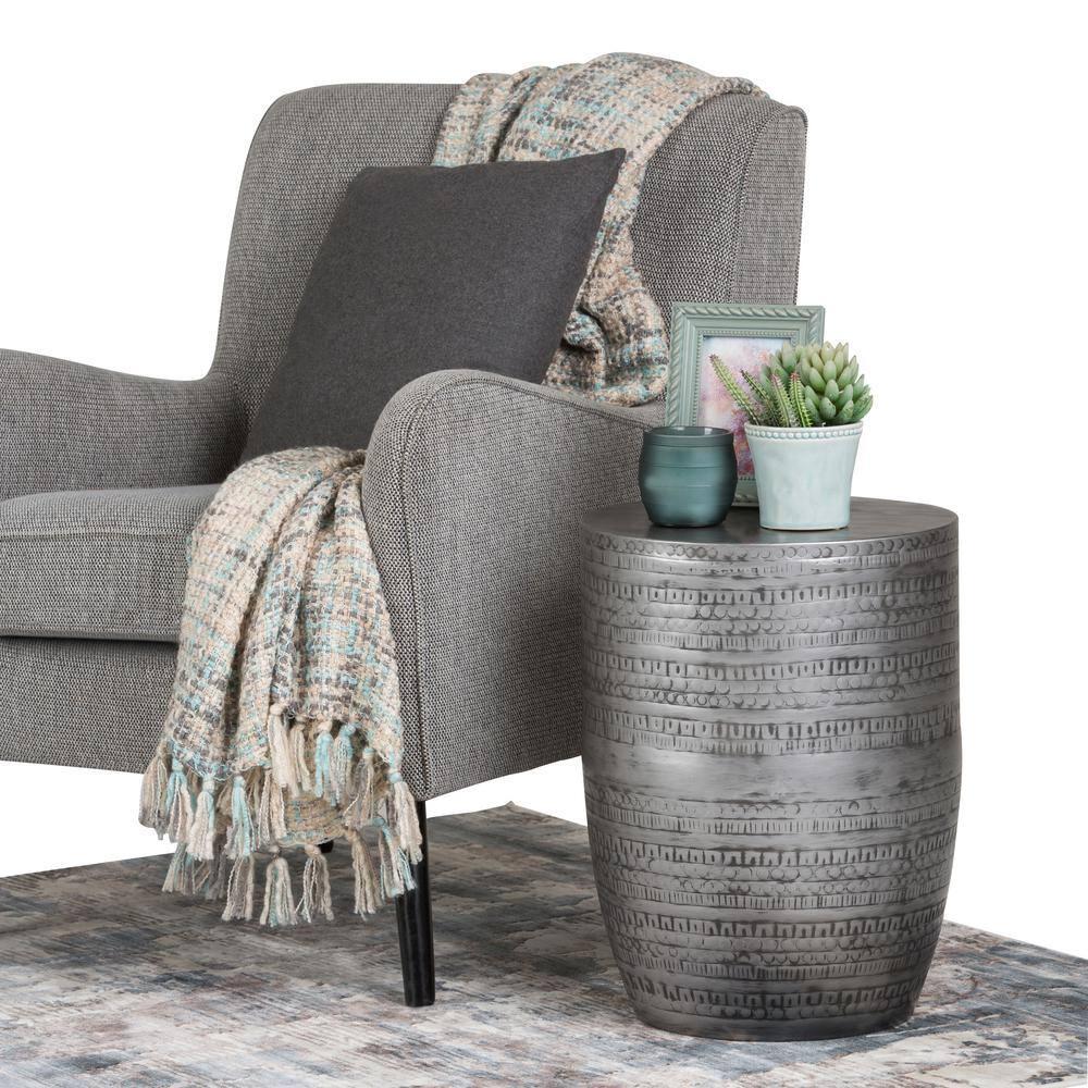 Simpli Home 15"W Metal Boho End Table with Drum Design and Textured Finish, Assembled