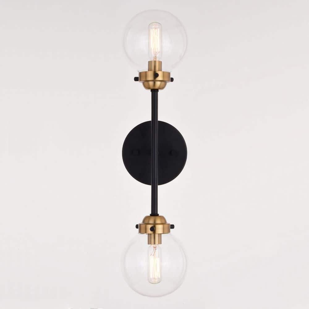 Vaxcel Orbit 2 Light Brass and Oil Rubbed Bronze Industrial MCM Wall Sconce Clear Glass Globe