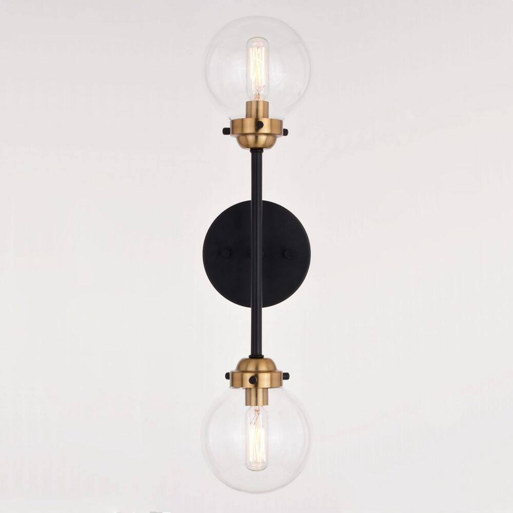 Vaxcel Orbit 2 Light Brass and Oil Rubbed Bronze Industrial MCM Wall Sconce Clear Glass Globe