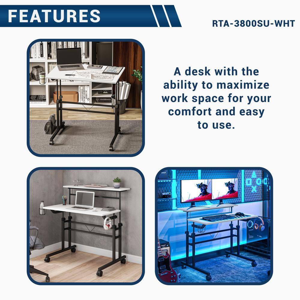 Rolling Writing Desk with Height Adjustable Desktop and Moveable Shelf White - Techni Mobili: Locking Casters, Open Storage