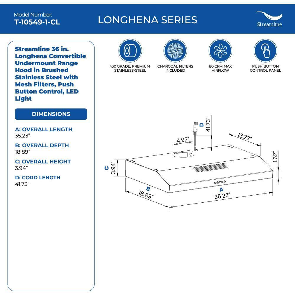 Streamline Longhena 36" 80 Cubic Feet Per Minute Convertible Under Cabinet Range Hood with Mesh Filter and Light Included