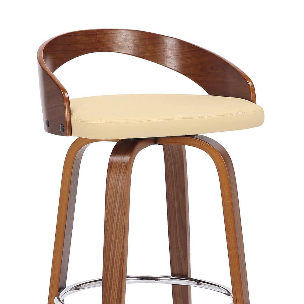 Sonia 26 in.  Counter Height Swivel Cream Faux Leather and Walnut Wood Bar Stool