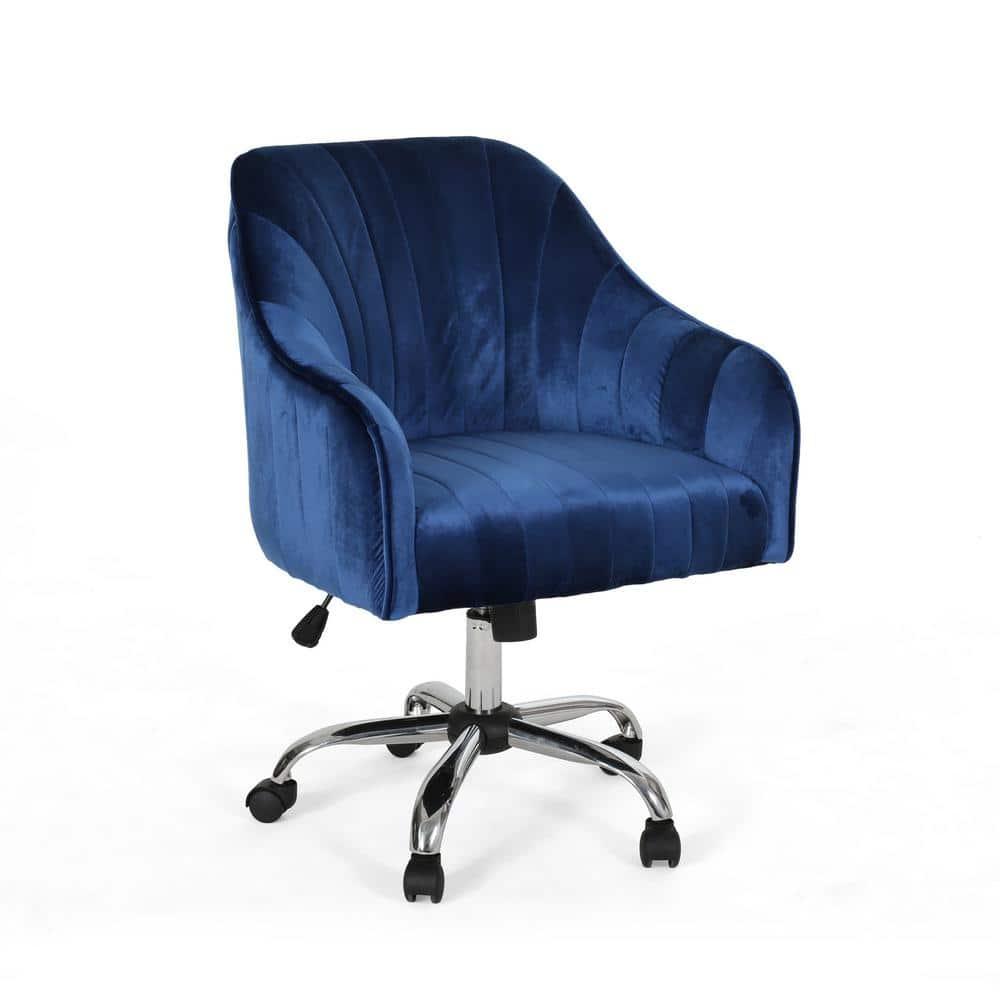 Noble House Lylah Glam Velvet Home Office Chair with Swivel Base, Navy Blue and Silver Finish