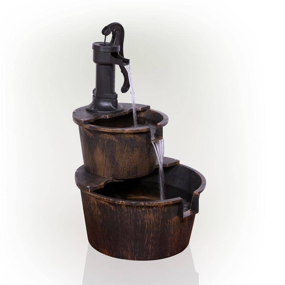 Alpine Corporation 27" Two-Tier Barrel & Pump Outdoor Fountain, Bronze
