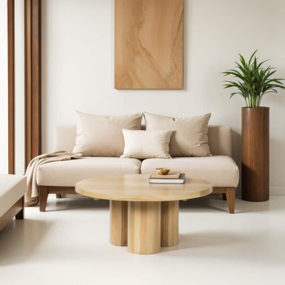 The Urban Port Hazel Coffee Table with 3 Pillar Legs, 35.5 Inch Round Top, Natural Brown Mango Wood