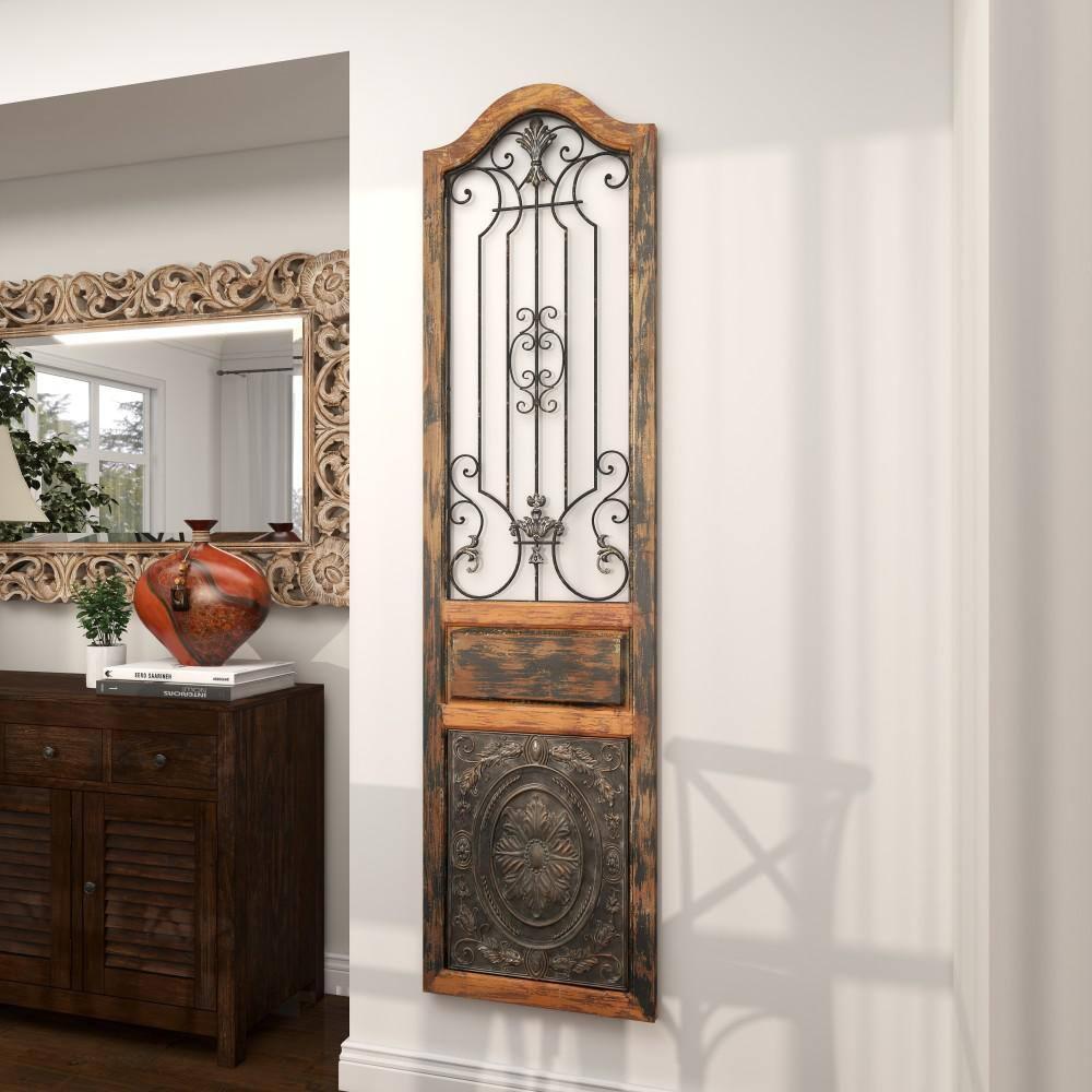 DecMode Decoración de Pared de Metal y Madera Inspirada en Puertas Arqueadas Rústicas 72" de Alto x 19 de Largo, Acabado en Marrón Desgastado con Carácter Orgánico