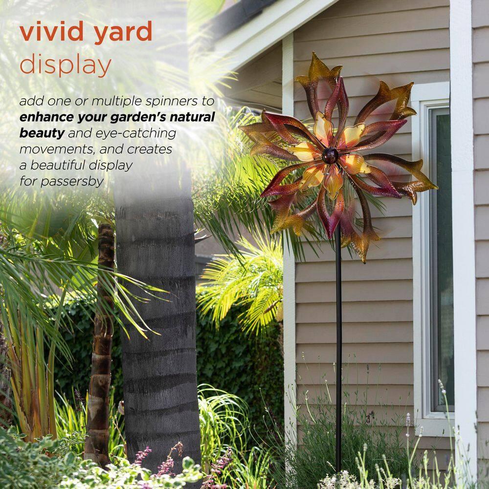 96" Glass/Iron Outdoor Flower Dual Kinetic Spinner Stake Red/Yellow - Alpine Corporation: Yard Art Decor