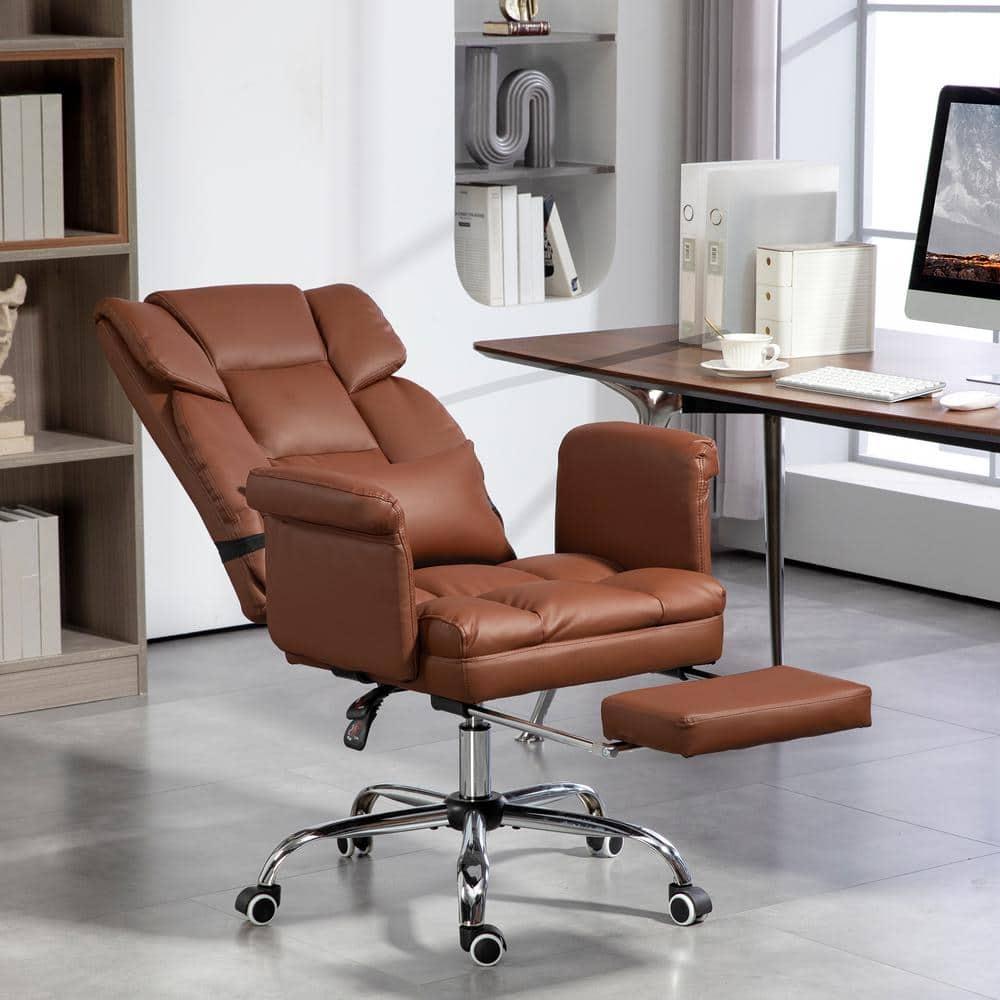 HOMCOM Executive Office Chair with Footrest and Lumbar Support, PU Leather Office Desk Chair, Ergonomic, Reclining and Swivel Chair, Brown