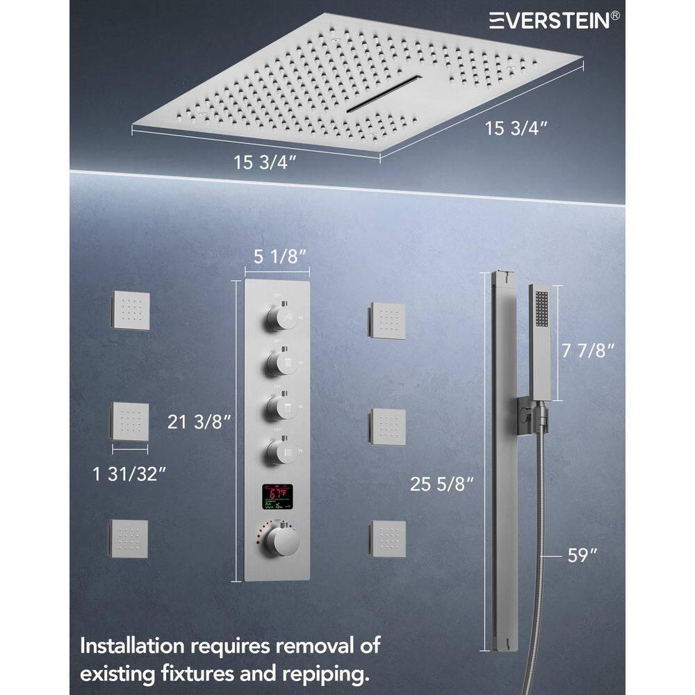EVERSTEIN 12 in. Dual Rain Shower Heads System, 1.8 GPM Muti Spray Patterns Wall & Celling Mounted Shower Head with Handheld Shower Sparyer, Side Jets & Knob Valve Body, Brushed Nickel