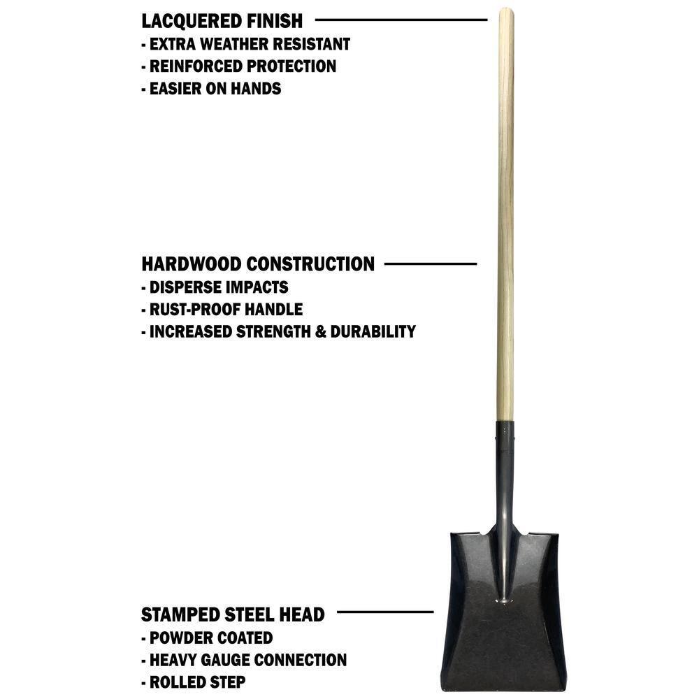 Workforce Tools Square Point Shovel - Sturdy 48” Wooden Handle - Heavy Duty 16 Gauge Steel Head