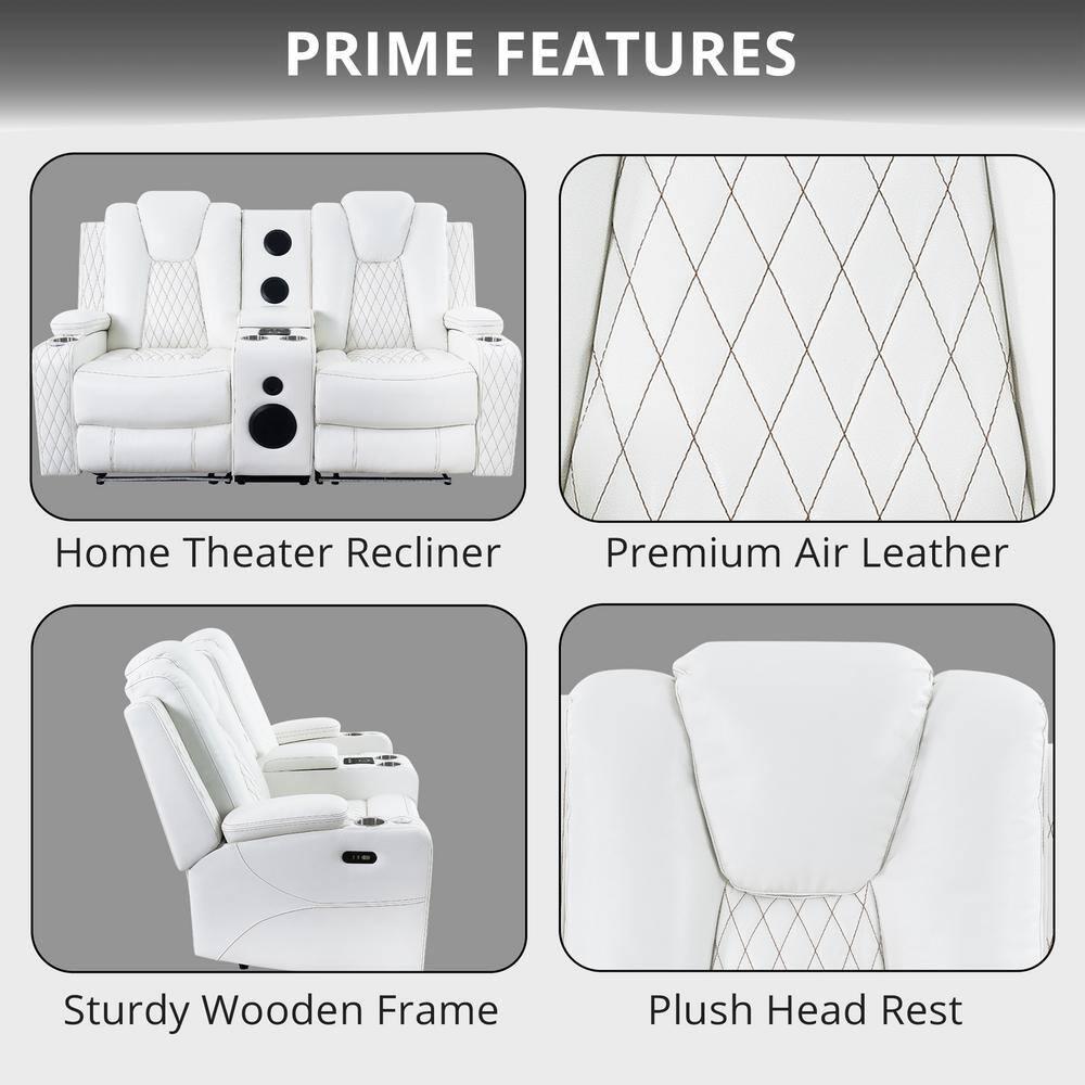 Home Theater Seating, Gaming Couch for Adults, Wireless Charging Movie Theater Couch, Power Recline Loveseat with 6 Cup Holders and Tray, Powerful in-Built Speaker, USB-Color:White,Fabric:Air Leather