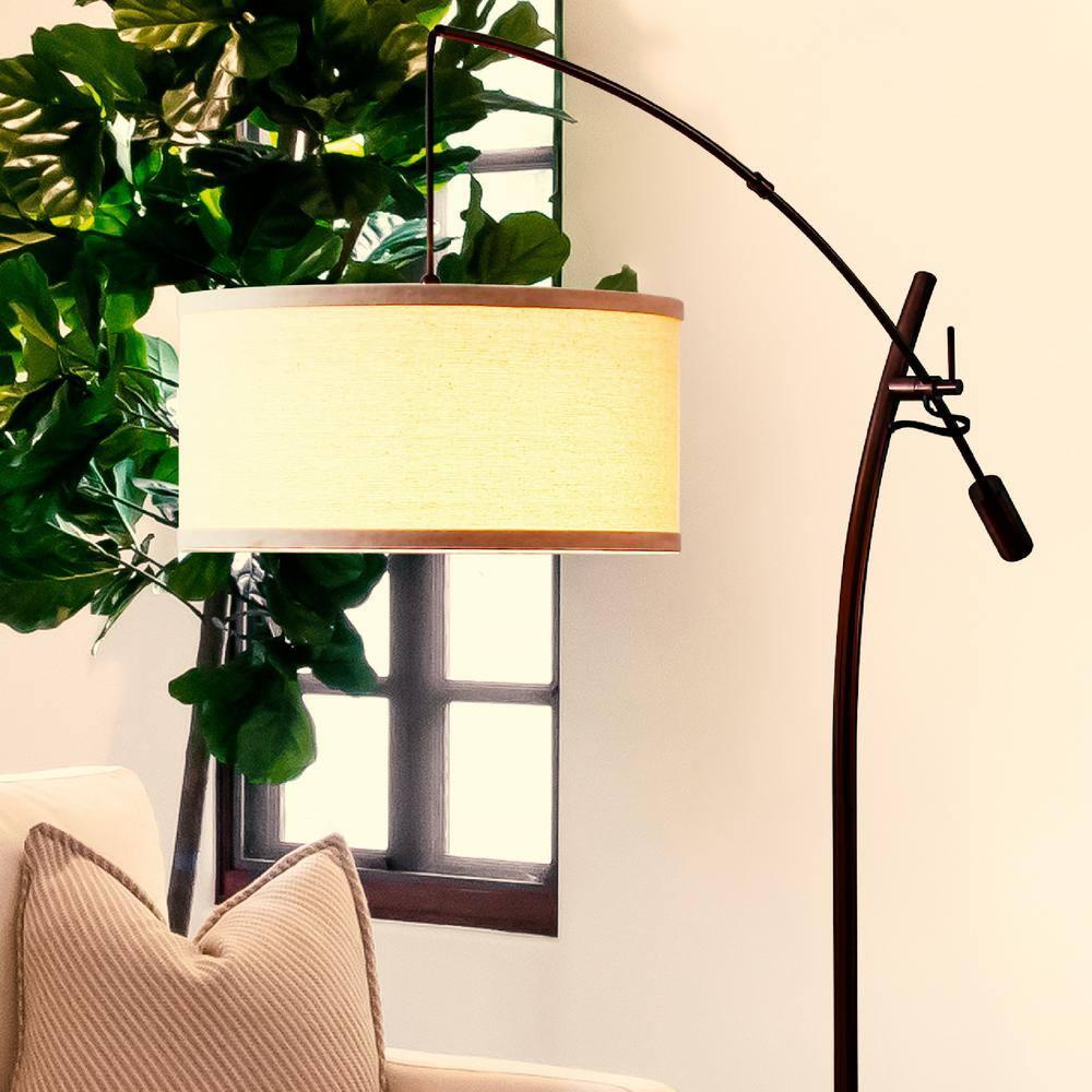 Brightech Grayson 84" Mid-Century Modern Height-Adjustable LED Arc Floor Lamp with Bronze Finish and Beige Cotton Fabric Drum Shade, Bulb Included