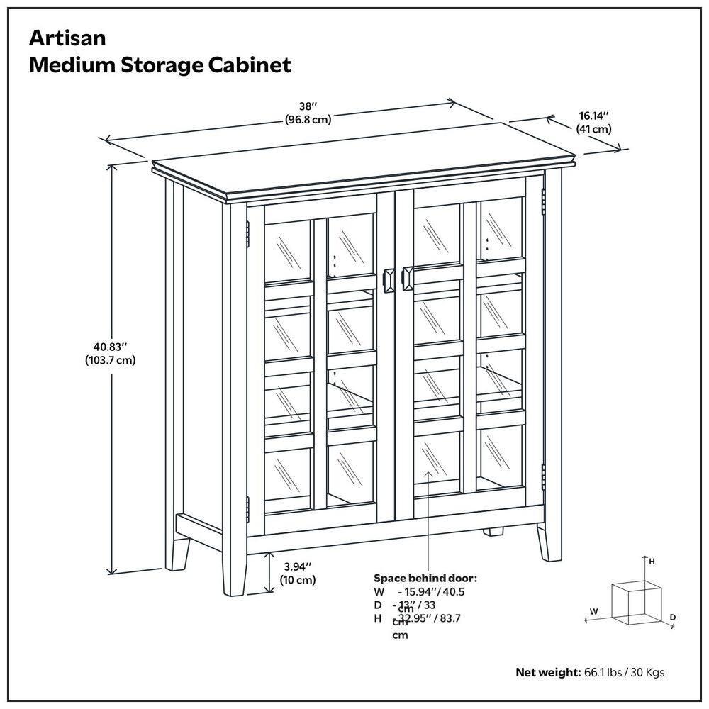 Simpli Home Artisan 38"W Solid Wood 4-Shelf Medium Storage Cabinet with Glass Doors and Adjustable Shelves