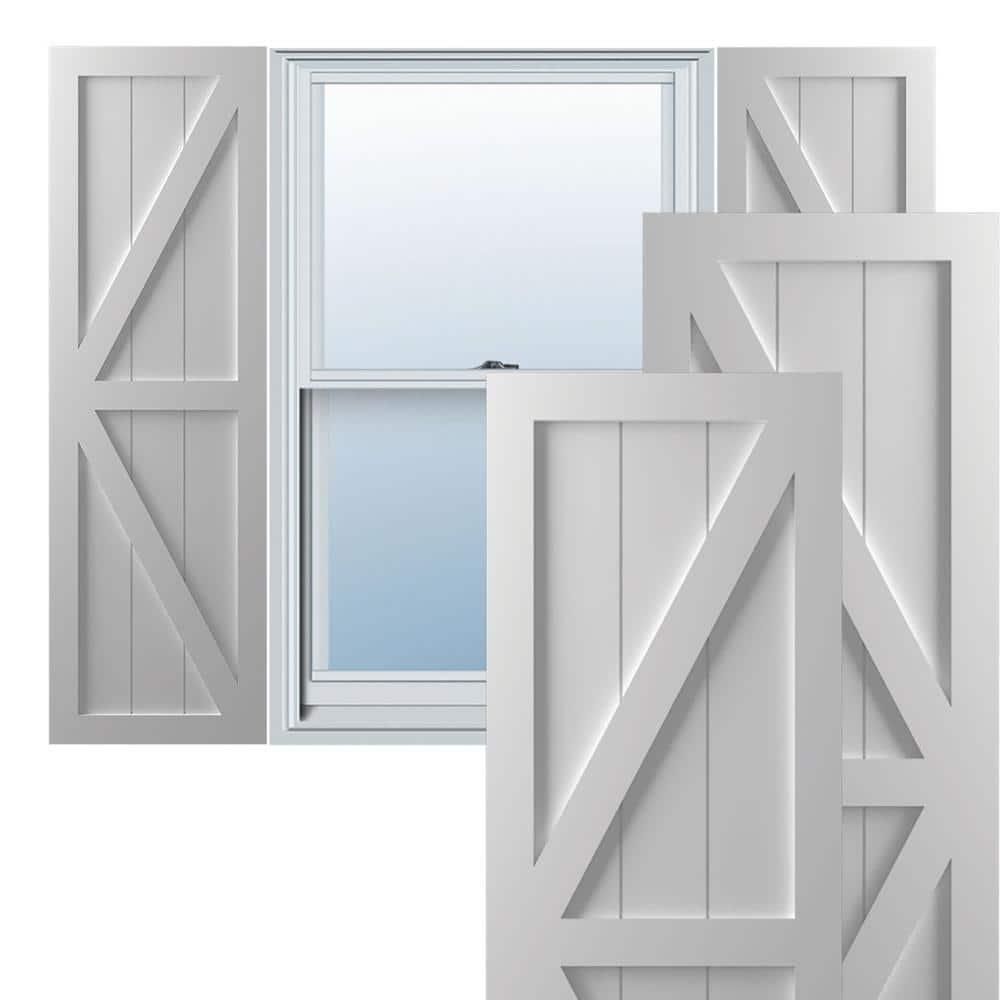 Ekena Millwork 12"W x 58"H True Fit PVC Two Equal Panel Farmhouse Fixed Mount Shutters w/ Z-Bar, Primed (Per Pair - Hardware Not Included)