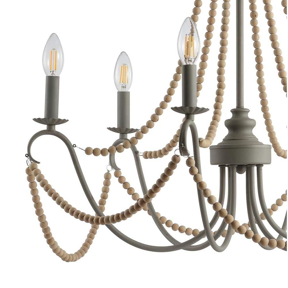 Rustica 6-Light 27" Adjustable Greige Metal/Wood Bead LED Chandelier, Grey/Natural