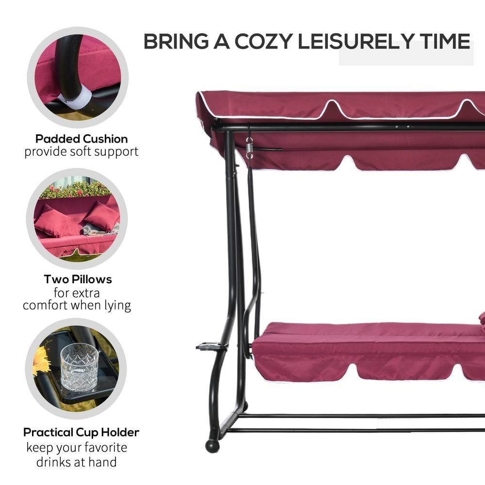 Outsunny 3 Seat Outdoor Free Standing Swing Bench Porch Swing with Stand, Comfortable Cushioned Fabric & Included Canopy, Red