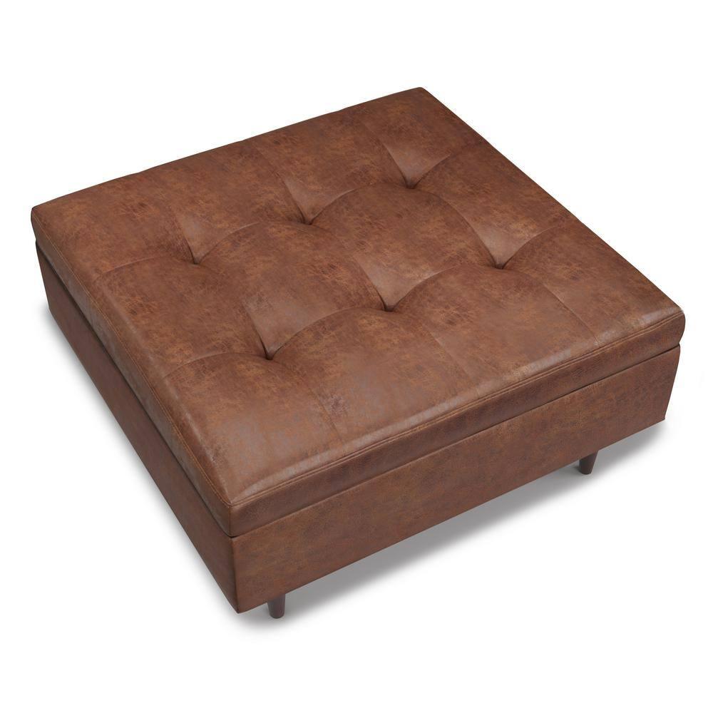 Simpli Home Shay 38 inch Wide Mid Century Modern Square Mid Century Large Square Coffee Table Storage Ottoman in Distressed Saddle Brown Vegan Faux Leather