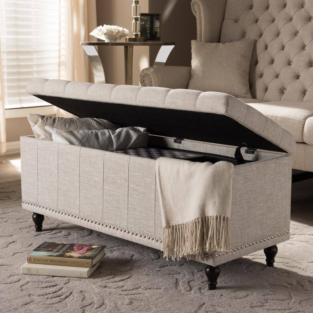 Kaylee Modern Classic Fabric Upholstered Button - Tufting Storage Ottoman Bench - Buff Beige - Baxton Studio