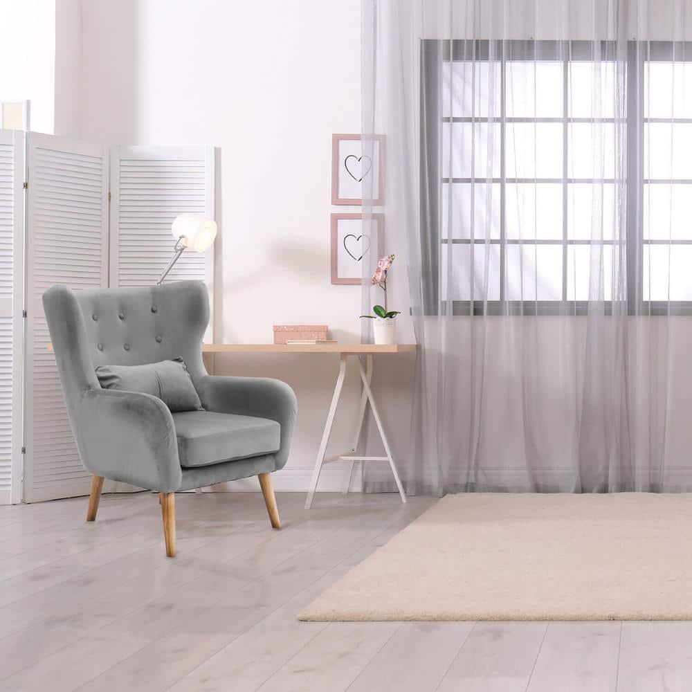 Critter Sitters Kids Wingback Accent Chair with Lumbar Pillow Faux Velvet with Wooden Legs, Gray