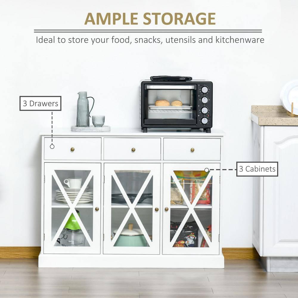 Gracie Oaks 45" Farmhouse Sideboard Buffet Cabinet, Credenza,Coffee Bar Cabinet with Glass Doors and 3 Drawers, White