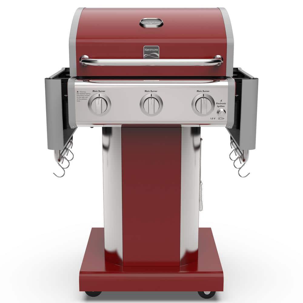 Kenmore 3-Burner Propane Gas Grill with Foldable Side Tables for Outdoor BBQ