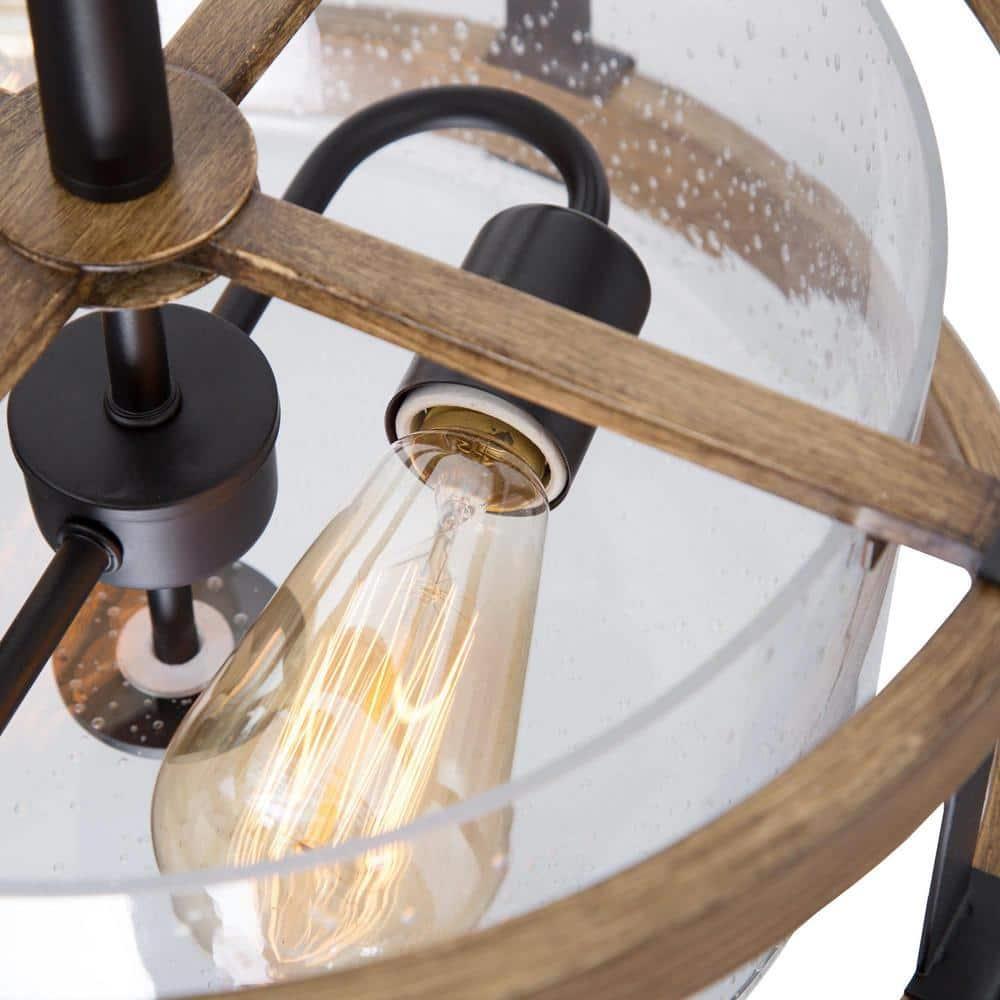 LNC Farmhouse 2-Light Semi-Flush Mount Light with Seeded Glass Shades 15",Brown Wood&Black