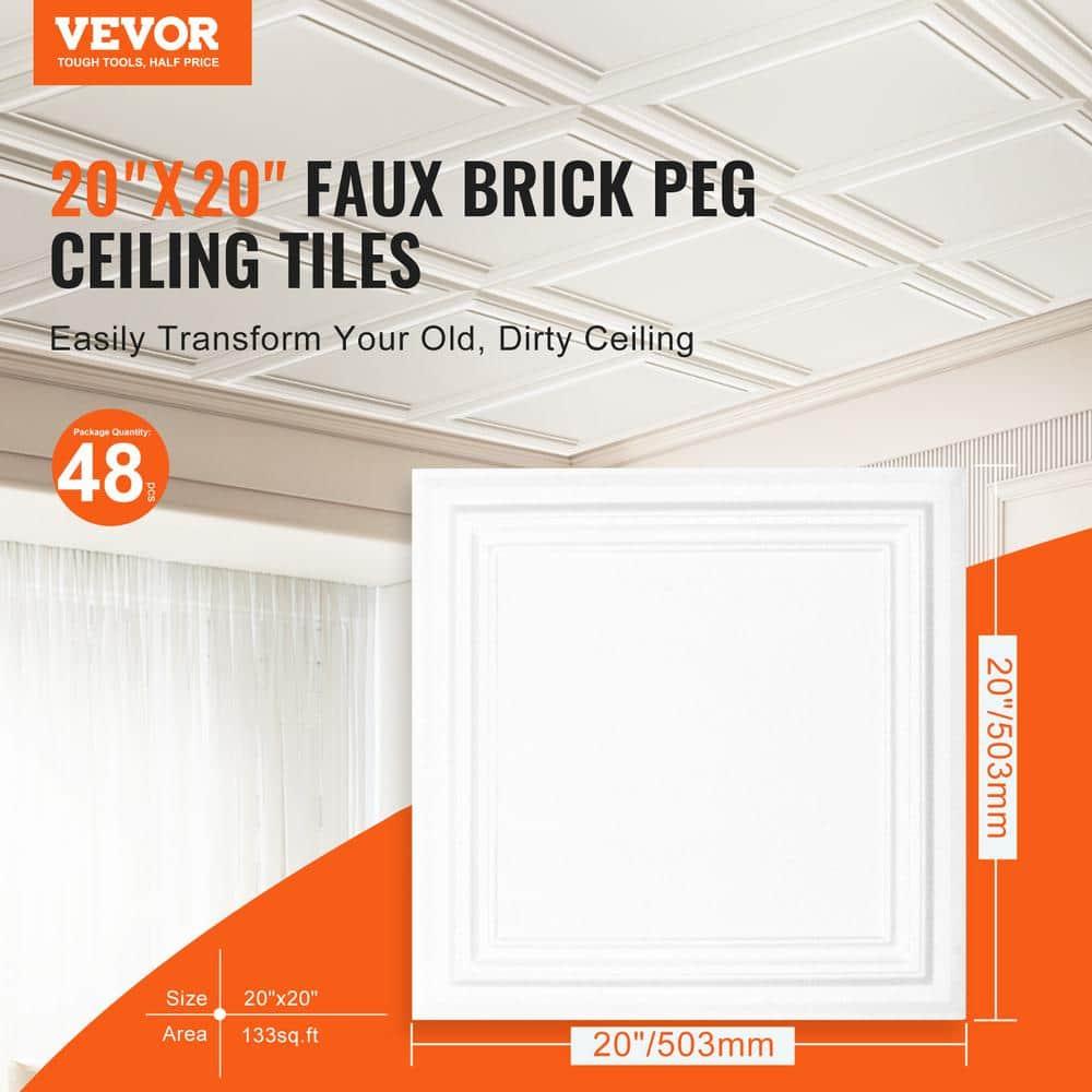 VEVOR 20in x 20in Drop Ceiling Tiles (48-Pack), Easy Installation/Cutting Plastic Glue-up, Cover 133 Sq. Ft, Basement Ceiling Covering for Home/Office Decoration