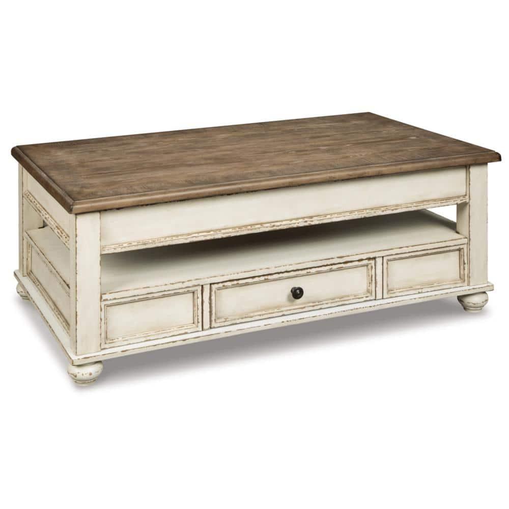 Realyn Coffee Table with Lift Top White/Brown - Signature Design by Ashley: Mid-Century Style, Storage, Wood Legs
