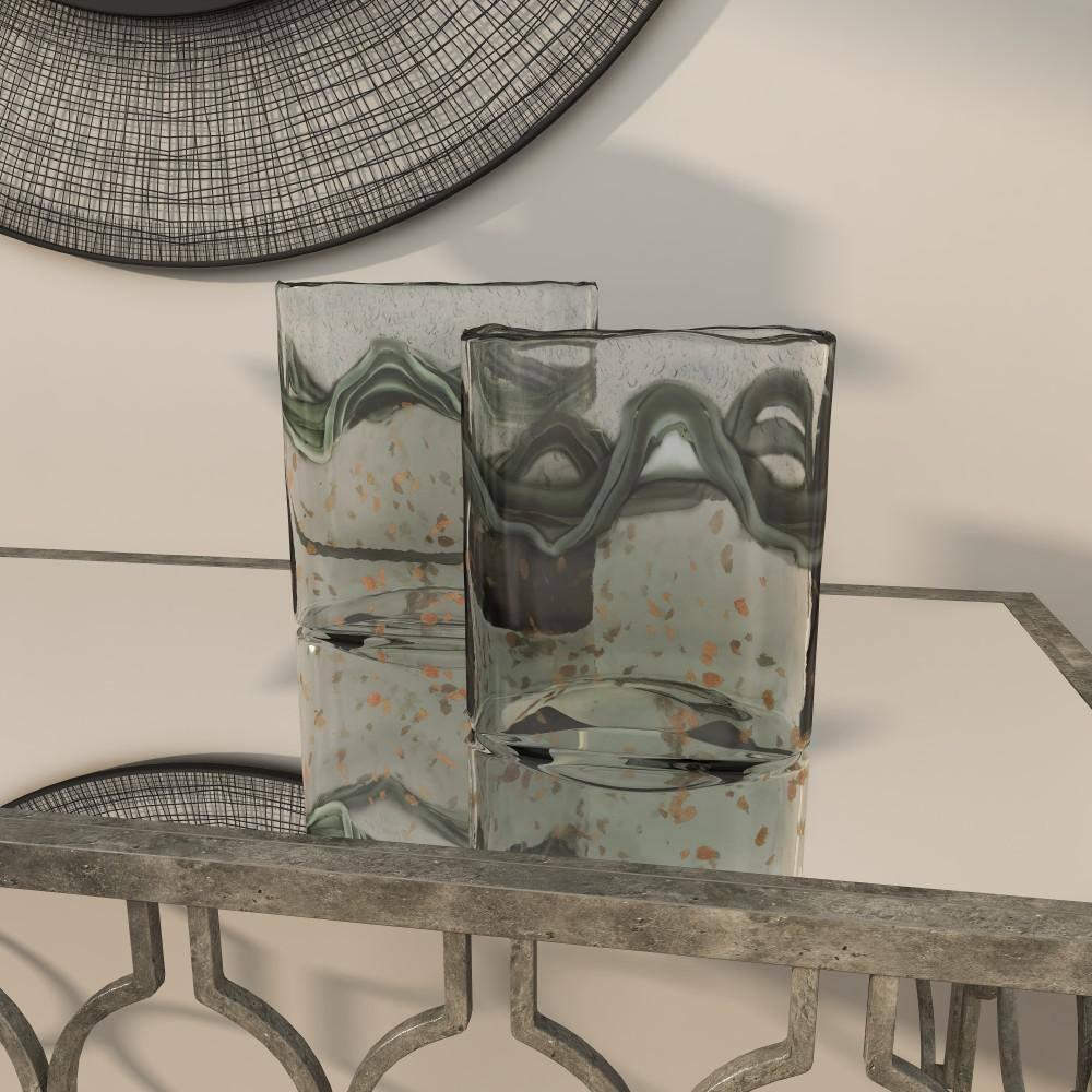 DecMode 9", 8"H Handmade Blown Gray Glass Vase with Speckled Wave Design, Set of 2