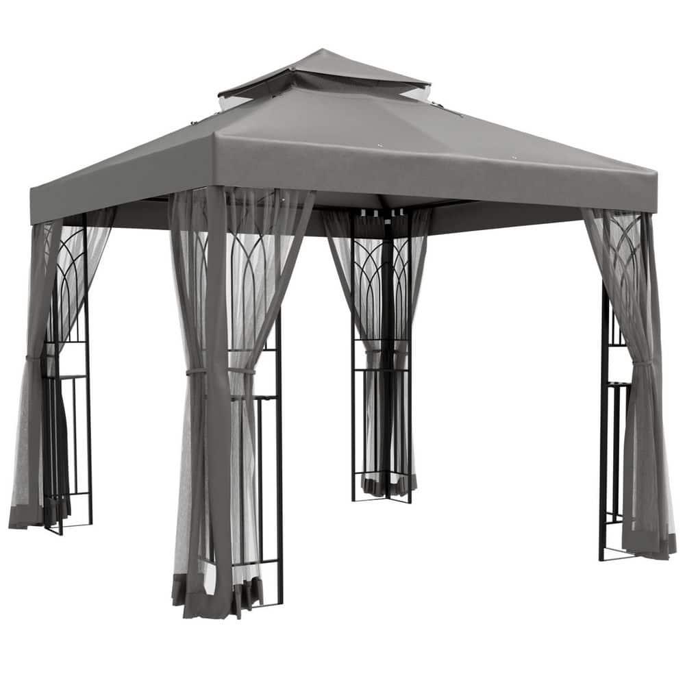 COOS BAY 8 Ft. W x 8 Ft. D Steel Frame Vented Soft Top Patio Gazebo with Mesh Netting, Corner Shelves