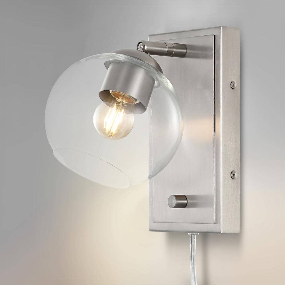 Hugo 6" 1-Light Minimalist Modern Plug-In or Hardwired Adjustable Iron LED Wall Sconce with Rotary Dimmer, Nickel with Clear Globe