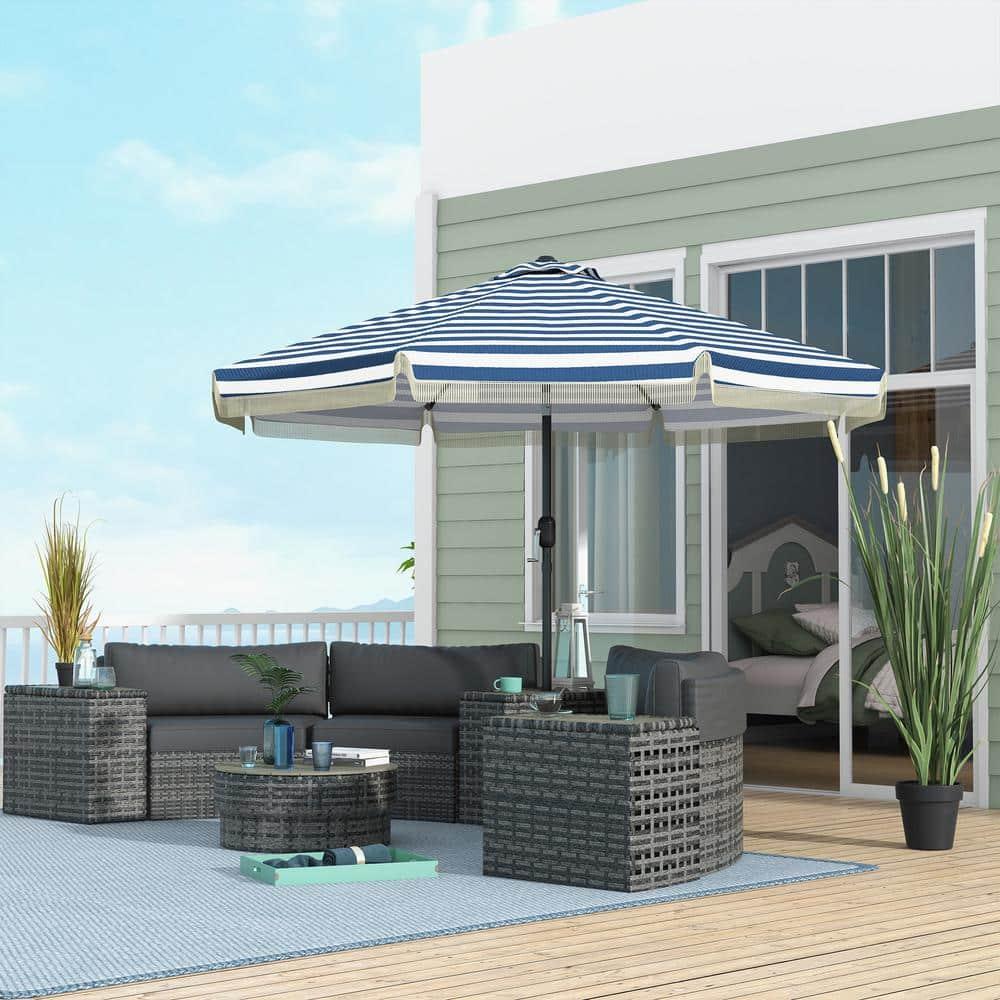 Outsunny 9' Patio Umbrella with Push Button Tilt and Crank Outdoor Double Top Market Umbrella, Blue Striped