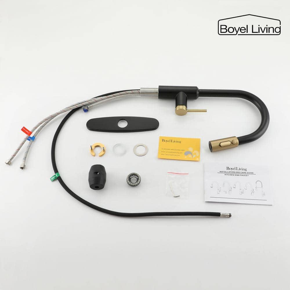 Matte Black and Brushed Gold Stainless Steel Pull Down Kitchen Faucet