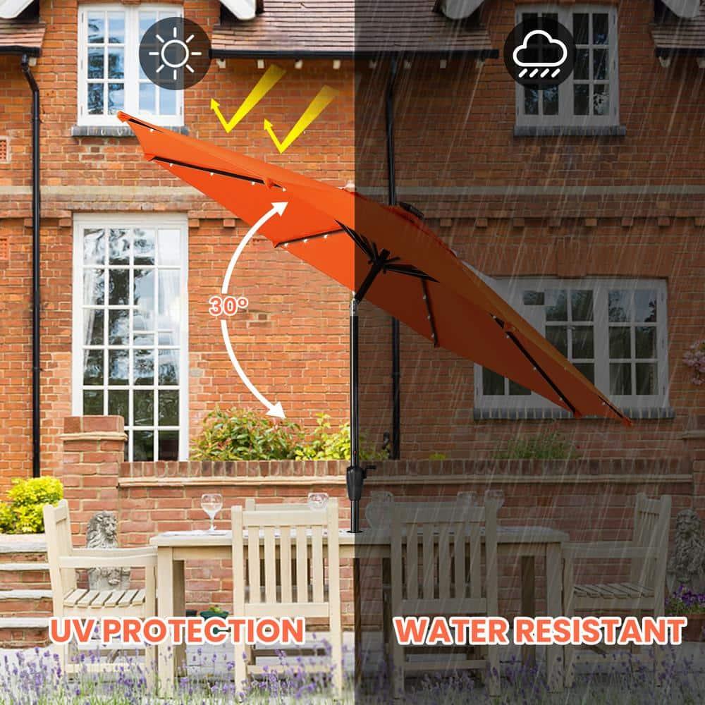 Sun-Ray 9 FT 32 LED Patio Solar Umbrella w/ Push Button Tilt and Crank Outdoor Umbrella, 8 Sturdy Ribs, UV Protection, Solution-Dyed Fabric, Orange