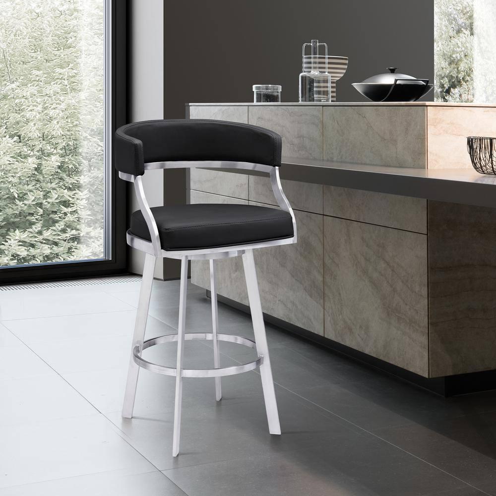 Dione 30" Seat Height Swivel Black Faux Leather and Brushed Stainless Steel Bar Stool for Kitchen Island Counter