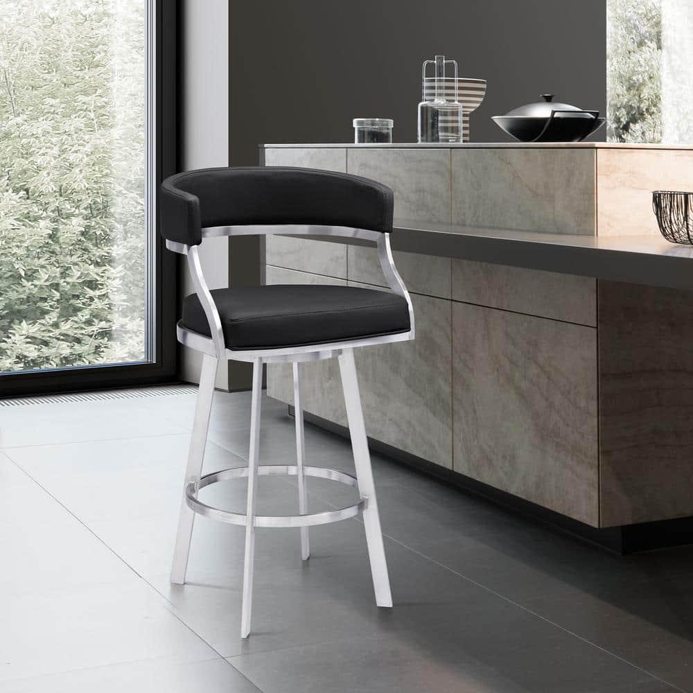 Dione 30" Seat Height Swivel Black Faux Leather and Brushed Stainless Steel Bar Stool for Kitchen Island Counter