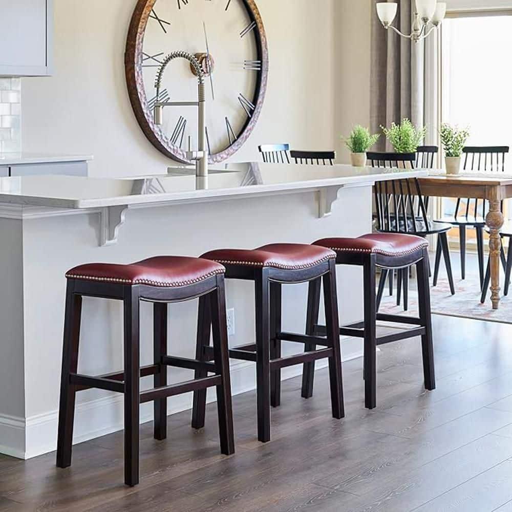 New Ridge Home Goods Julian 30" Faux Leather and Wood Barstool in Red/Espresso