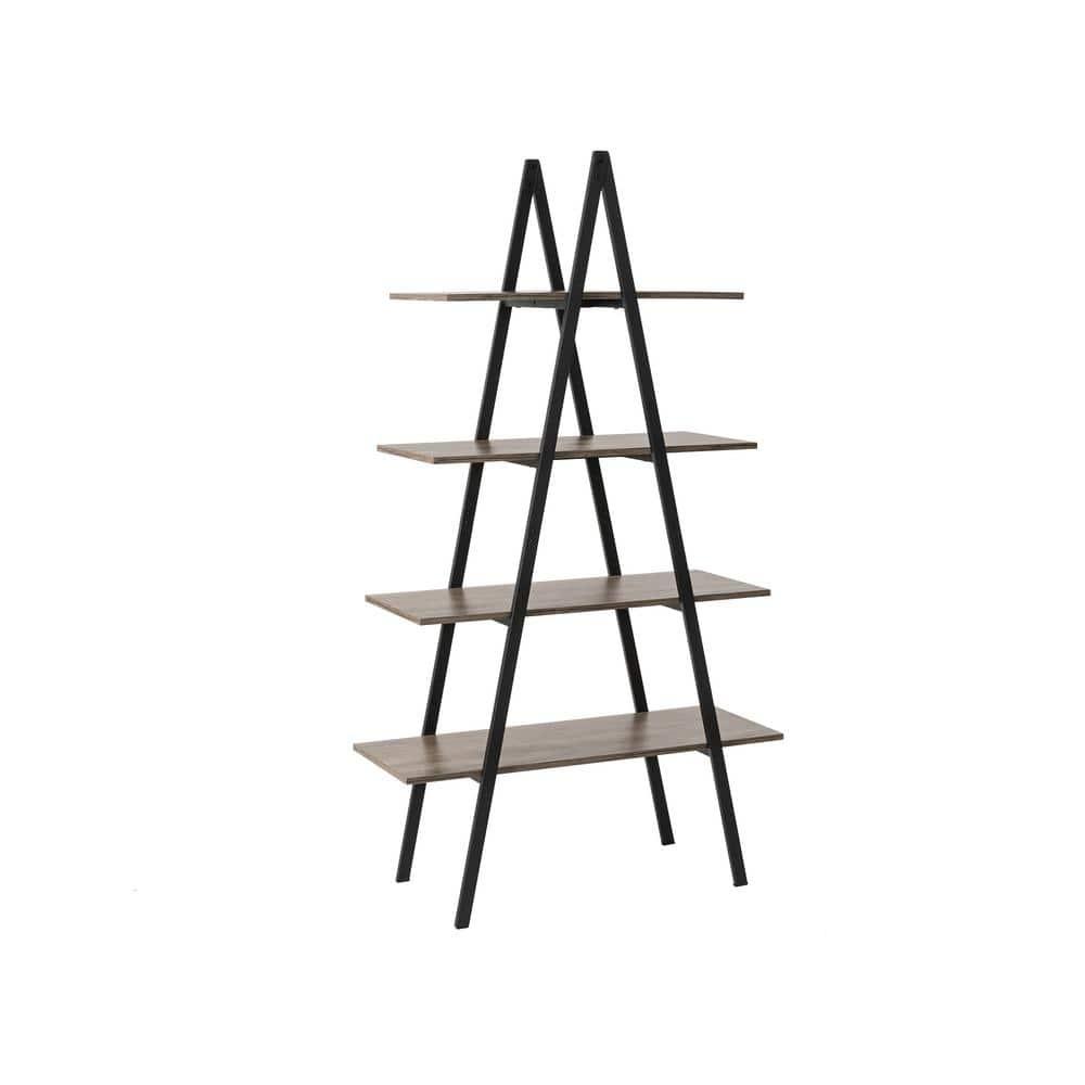 Glitzhome 64.5"H Modern Industry Wooden Oak Melamine 4-Tier Metal/ Wooden Leaning Bookcases & Ladder Shelves