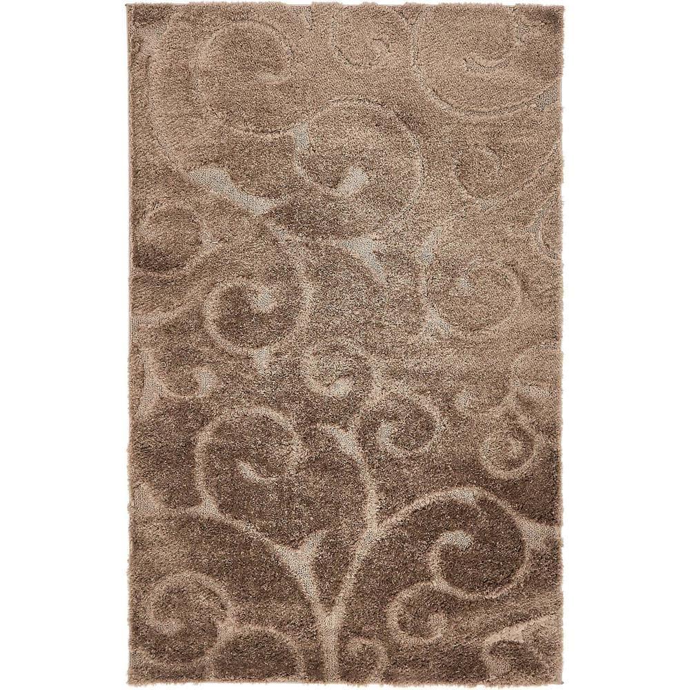 Brown Floral Shag Synthetic Rectangular Area Rug 5' x 8'