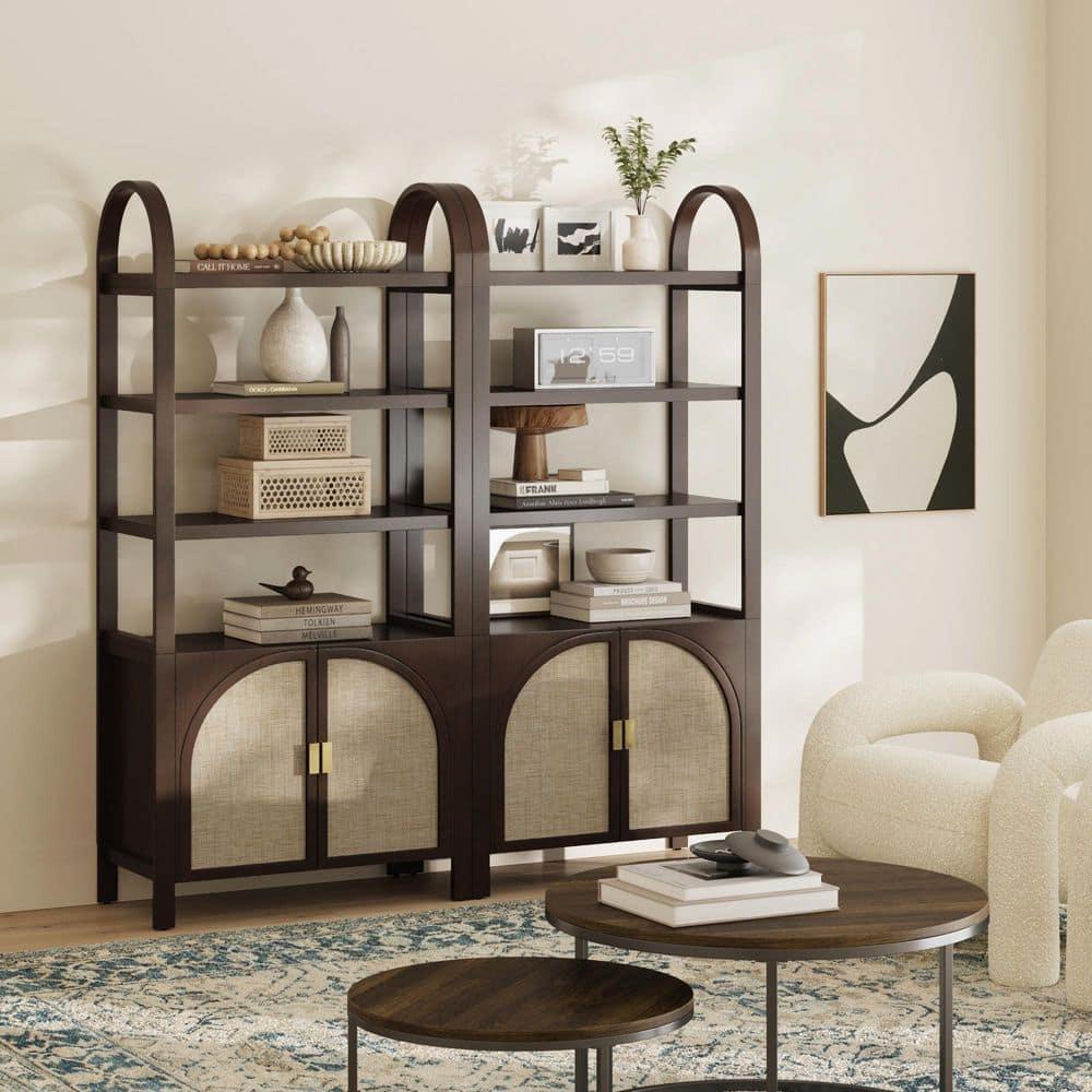 Boho 3-Shelf Bookshelf Cabinet With Rattan Doors