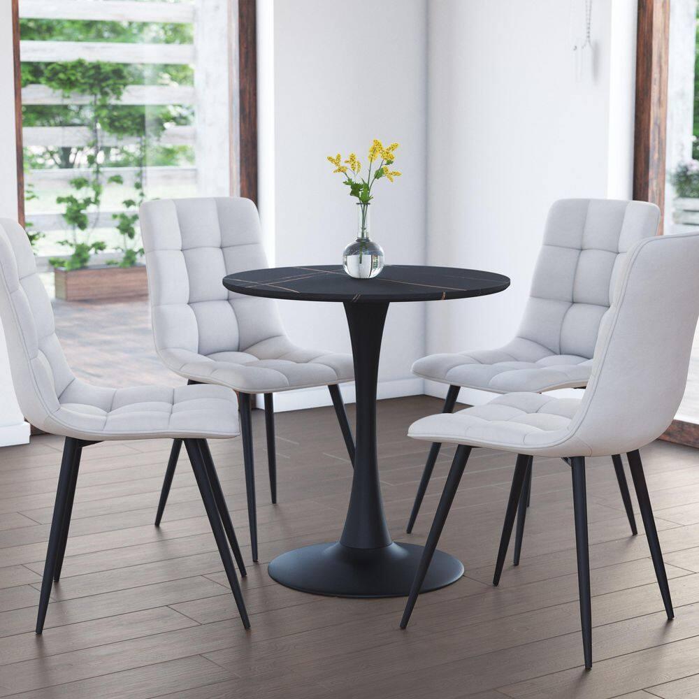 CorLiving Ivo Modern Round Black Marbled Engineered Wood and Steel Pedestal Dining Table - Small Pedestal Dining Room Table for 3, Ideal Small Round Kitchen Table, Bistro Cafe Table