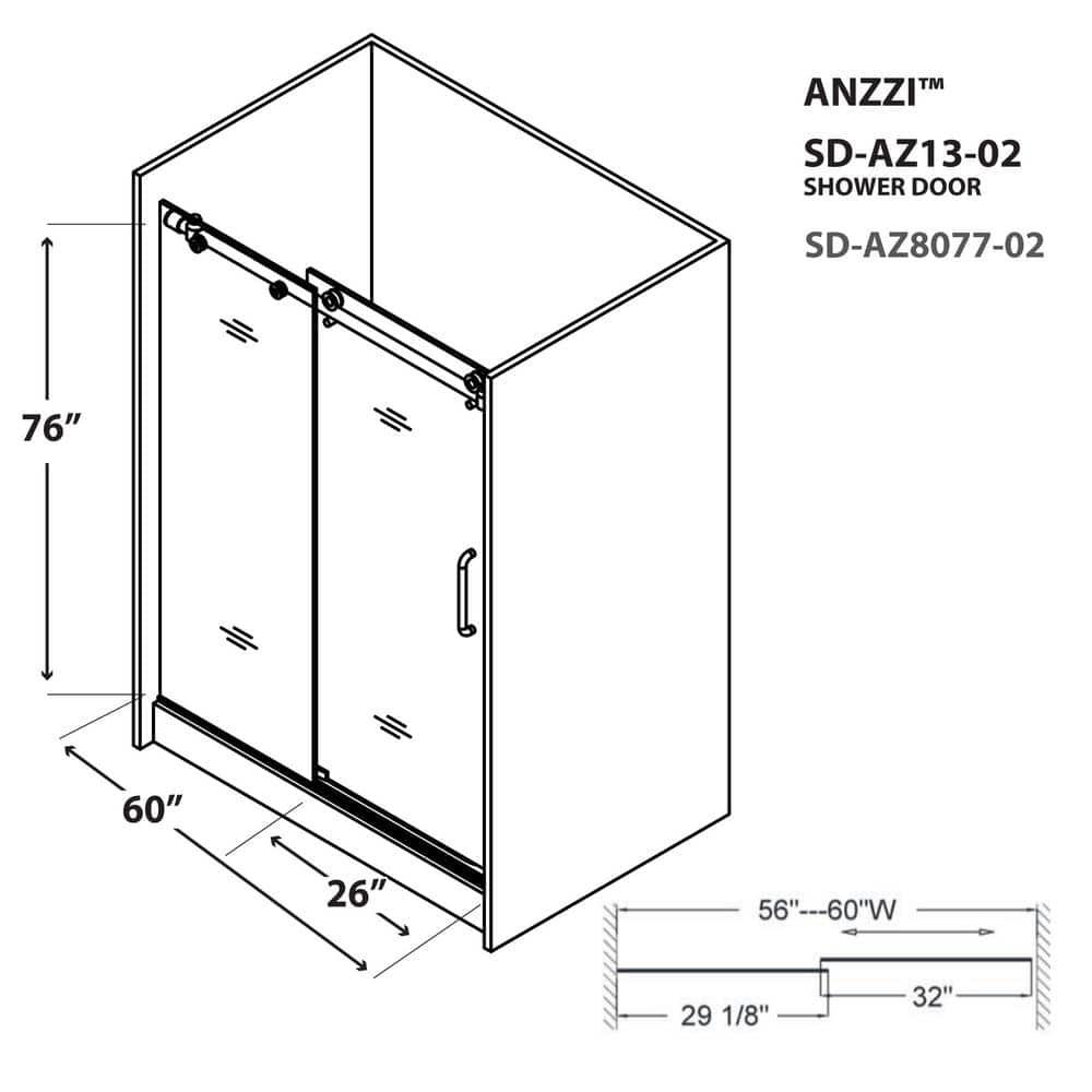 Leon 56"-60" W x 76" H Single Sliding Frameless Shower Door with Tsunami Guard